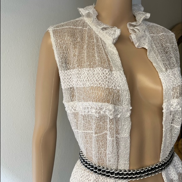 White lace sequined detail ruffled neck  cover up overall long dress OS - Picture 3 of 15